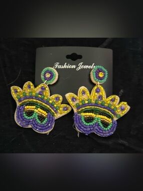 Mardi Gras Purple, Green & Gold Beaded Mask Drop Earrings